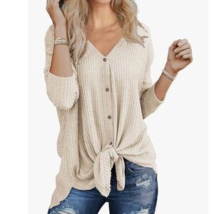 Iwollence Oatmeal Waffle Top V Neck Tie Button Front